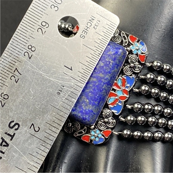 Hanmdade Bracelet Red Blue Enamel Hematite Beads Lapis Lazuli Stone 7" to 8" - Picture 4 of 14